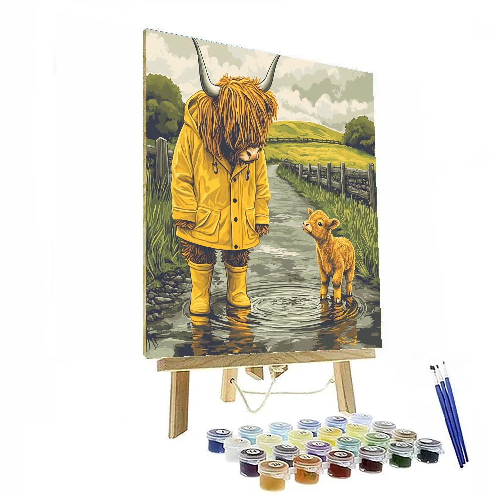 Highland Cow Raincoat And Puddle Splash Lesson Numbered painting kits