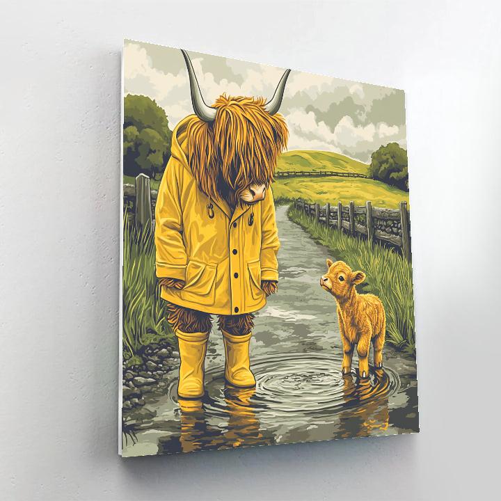 Highland Cow Raincoat And Puddle Splash Lesson Numbered painting kits