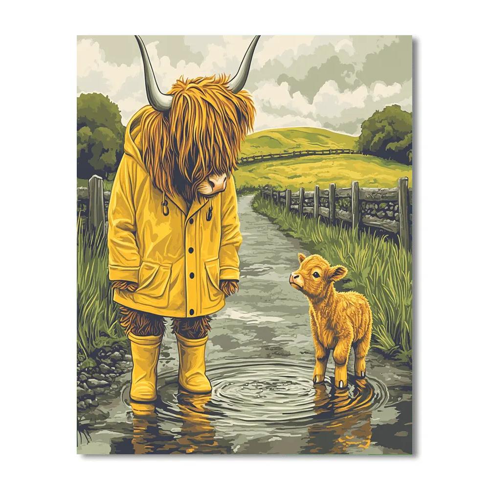 Highland Cow Raincoat And Puddle Splash Lesson Numbered painting kits