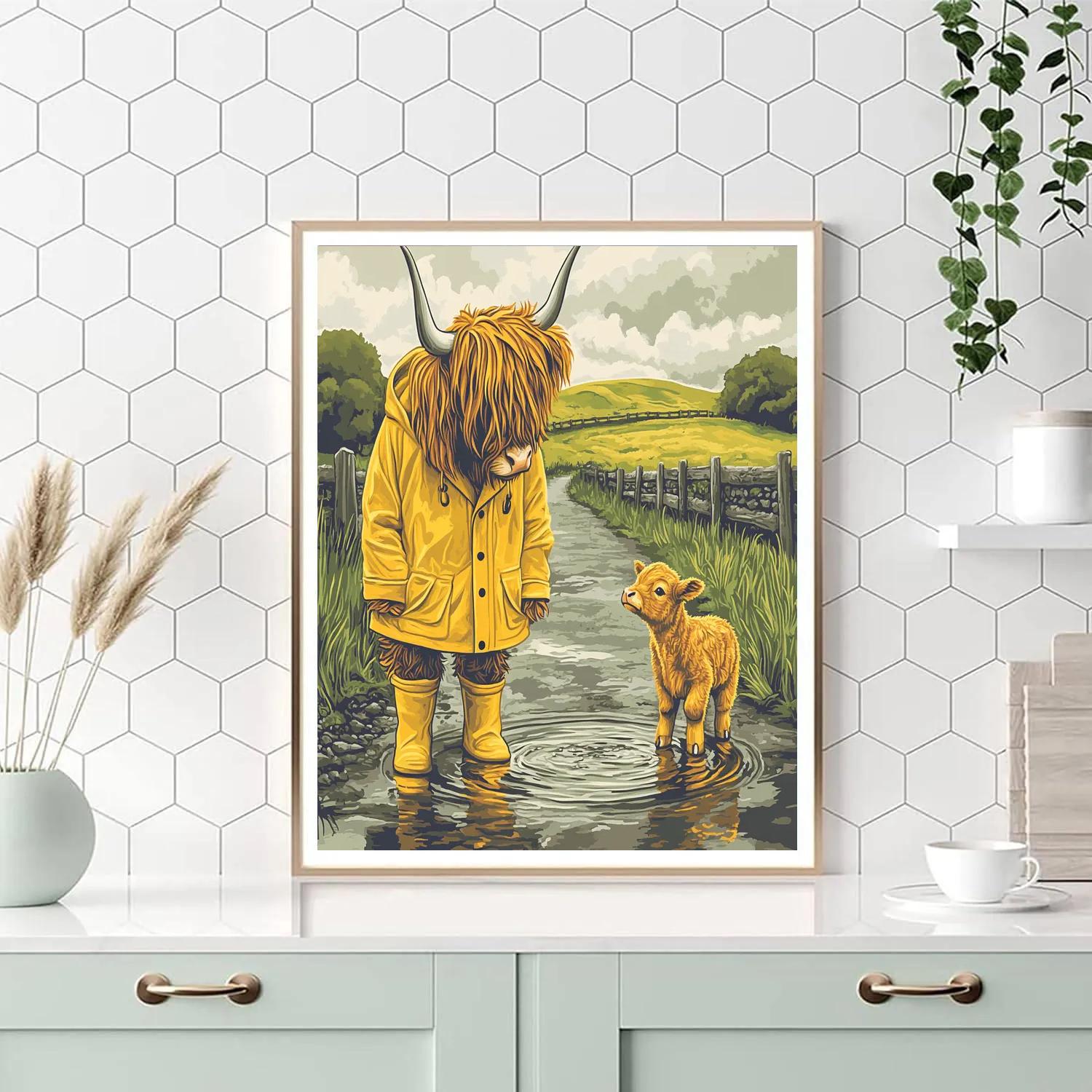 Highland Cow Raincoat And Puddle Splash Lesson Numbered painting kits