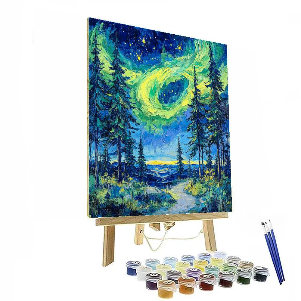 Van Gogh Inspired Aurora Over Pine Forest paint by color