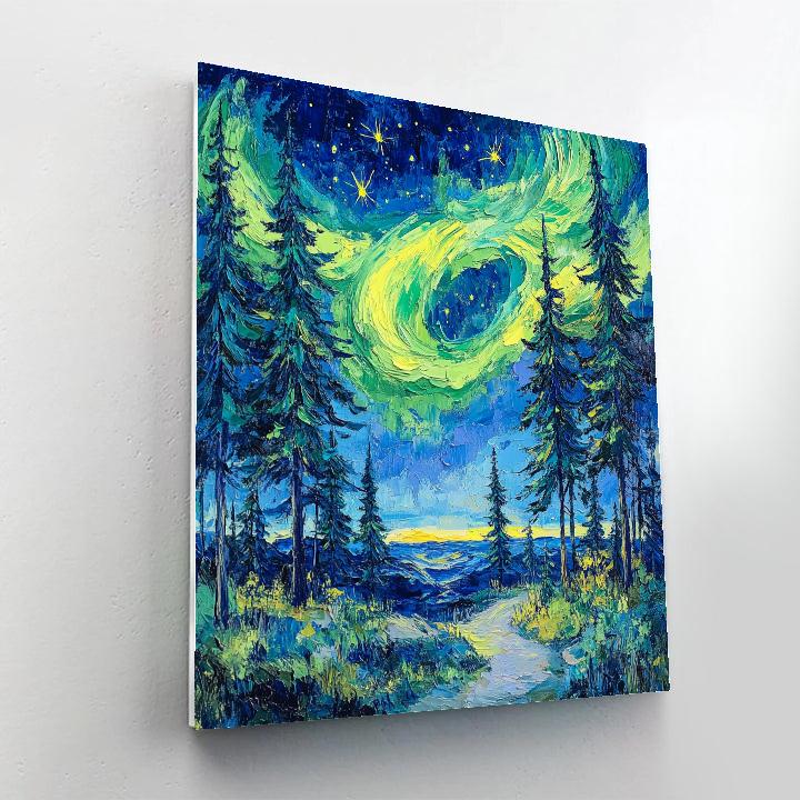 Van Gogh Inspired Aurora Over Pine Forest paint by color