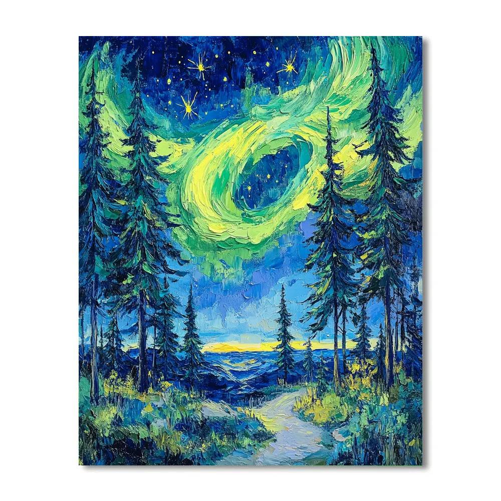 Van Gogh Inspired Aurora Over Pine Forest paint by color