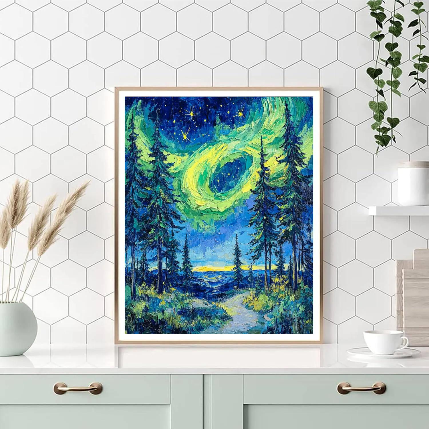 Van Gogh Inspired Aurora Over Pine Forest paint by color