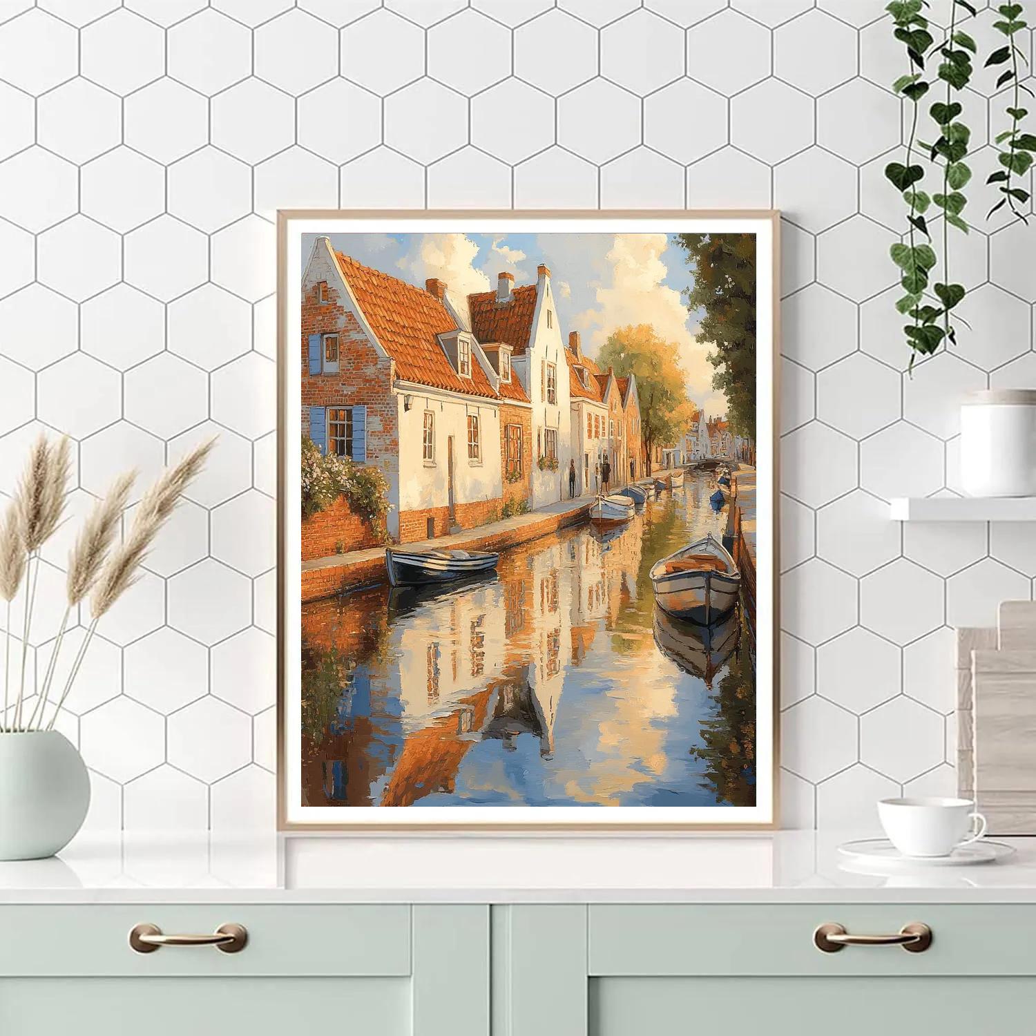 Johannes Vermeer Inspired Still Canal Reflection In Golden Haze DIY paint by numbers