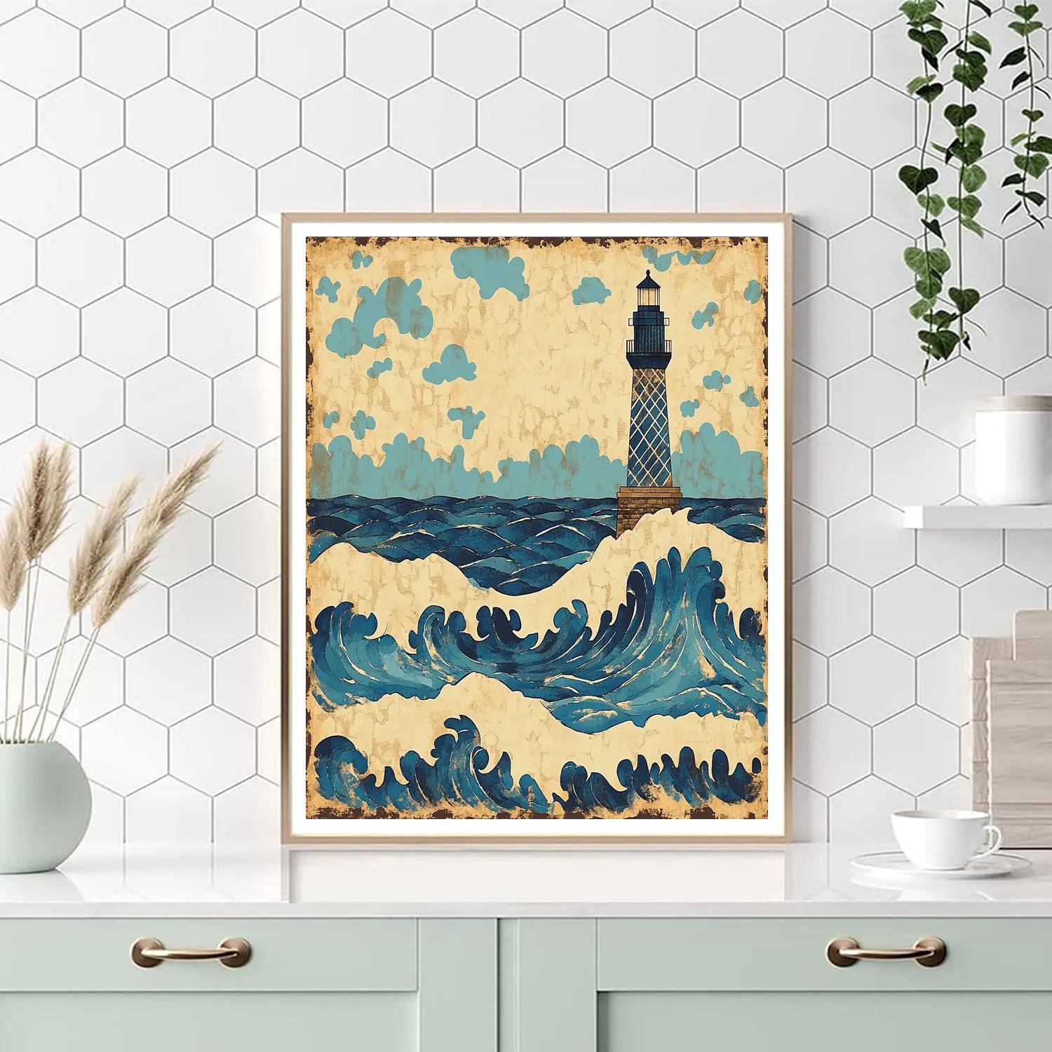 Hokusai Inspired Storm Waves And Lighthouse Numbered painting kits