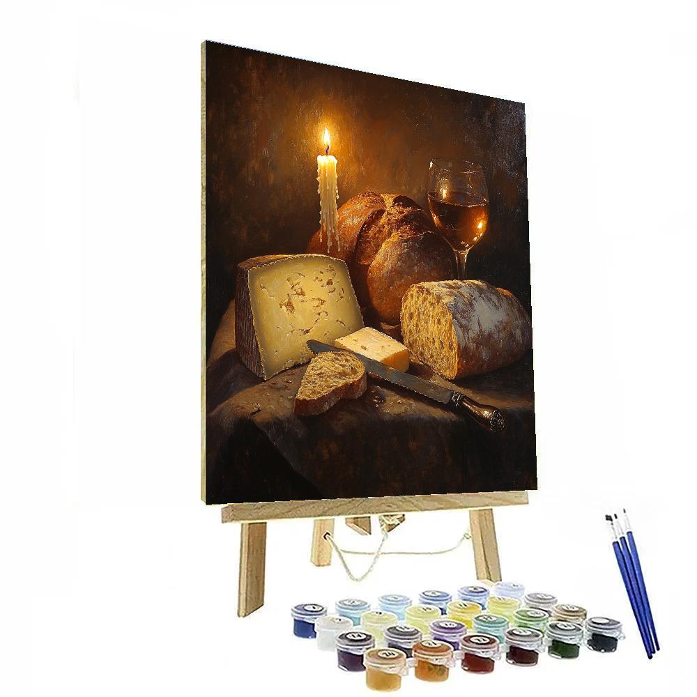 Rembrandt Inspired Candlelit Still Life With Bread And Cheese paint by color