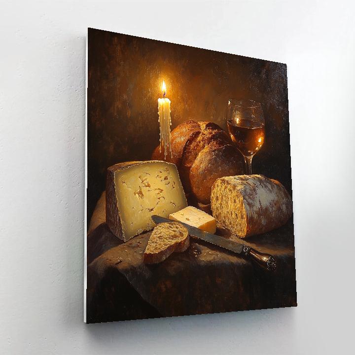 Rembrandt Inspired Candlelit Still Life With Bread And Cheese paint by color