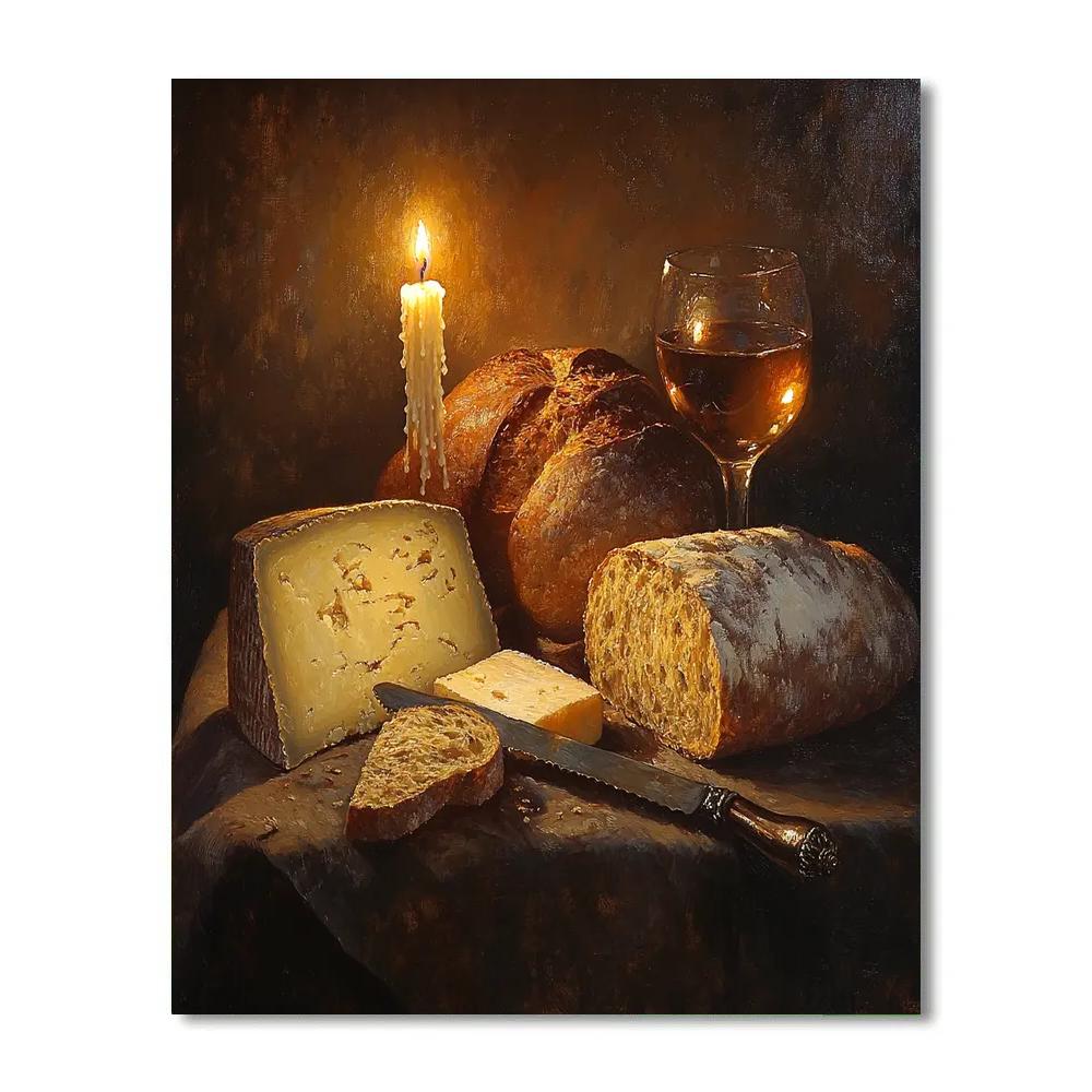 Rembrandt Inspired Candlelit Still Life With Bread And Cheese paint by color