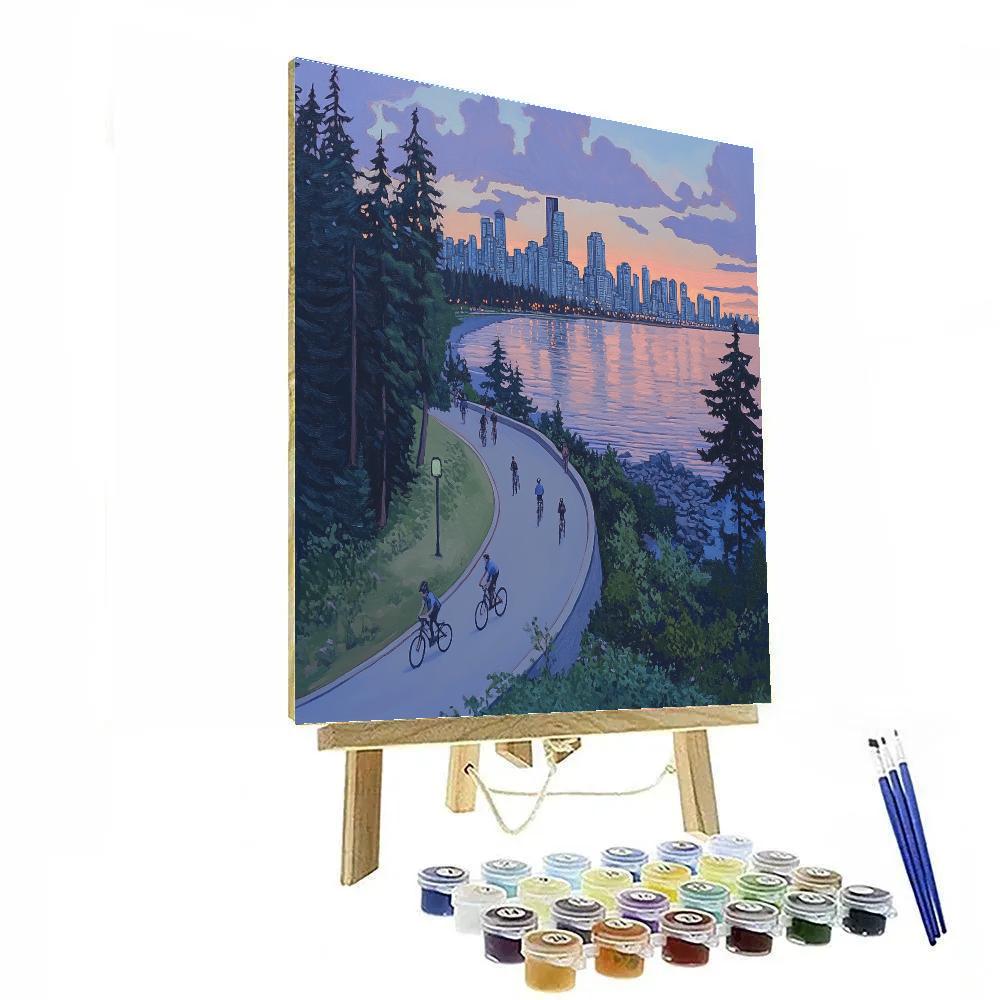 Evening Promenade On The Vancouver Seawall At Stanley Park, Vancouver, Canada paint by number