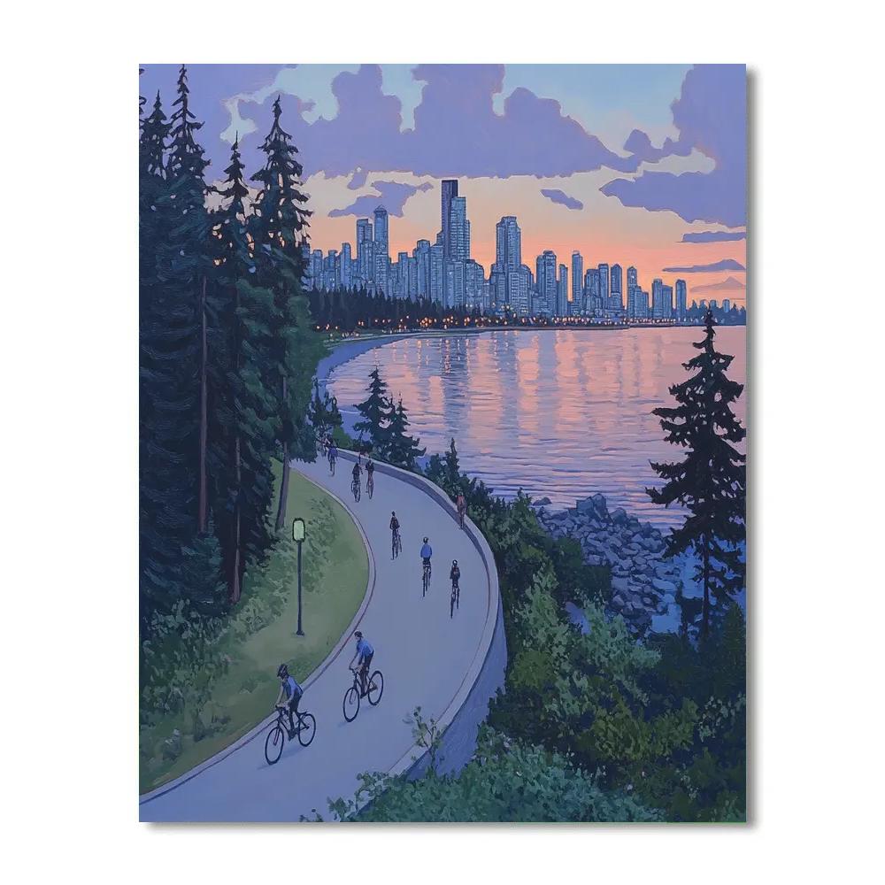 Evening Promenade On The Vancouver Seawall At Stanley Park, Vancouver, Canada paint by number