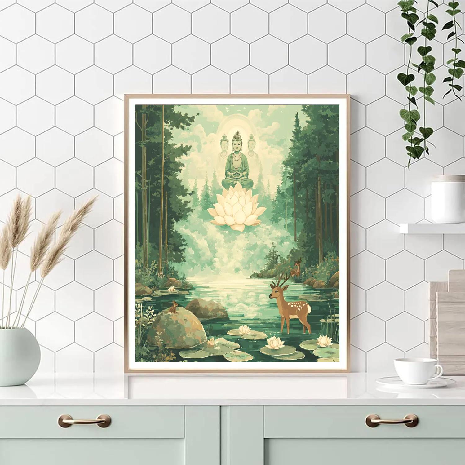 Forest Spring With Brahma Emerging Lotus Mist Numbered painting kits