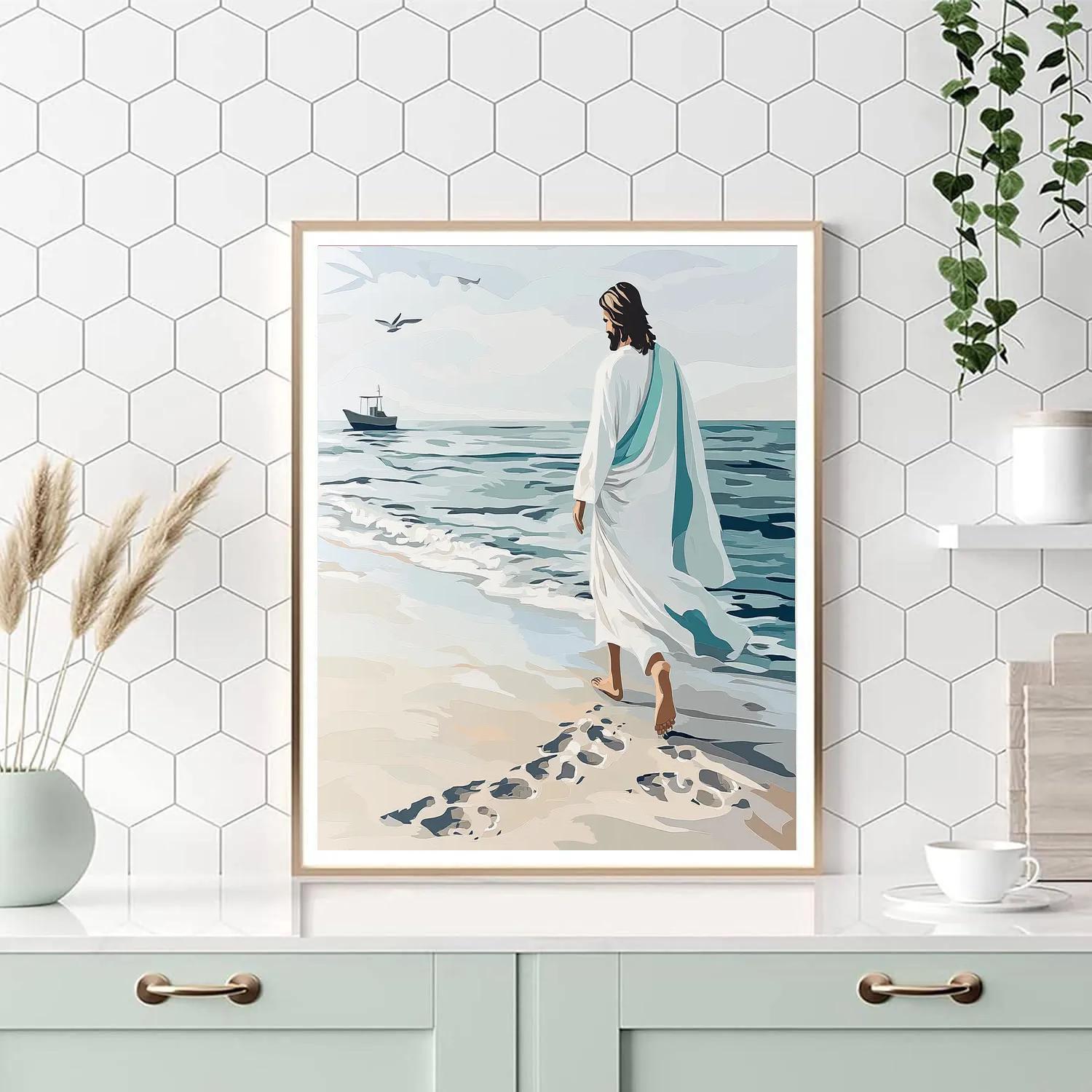 Jesus Seaside Footsteps Of Peace paint by number