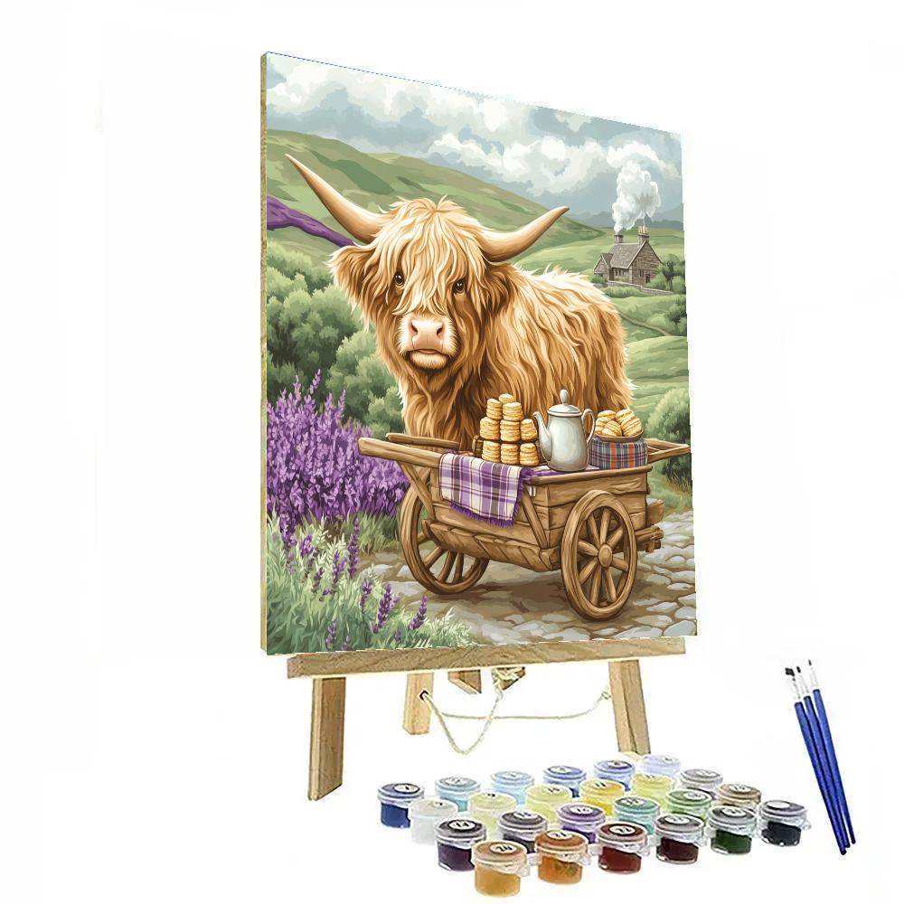 Tea Cart In The Glen With Highland Cow paint by number