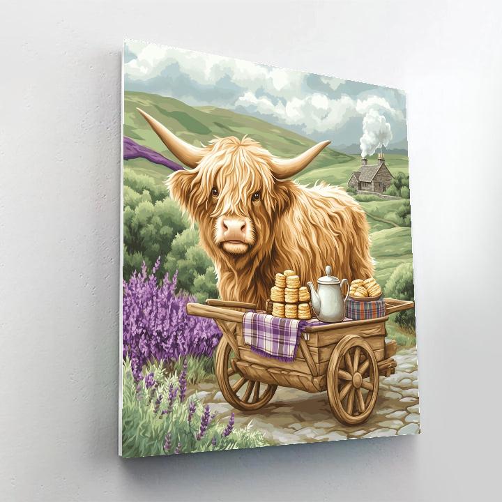 Tea Cart In The Glen With Highland Cow paint by number