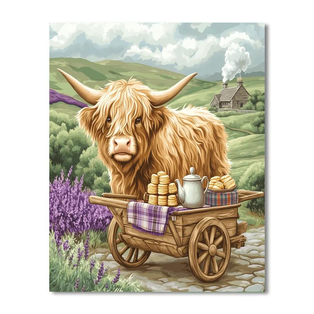 Tea Cart In The Glen With Highland Cow paint by number