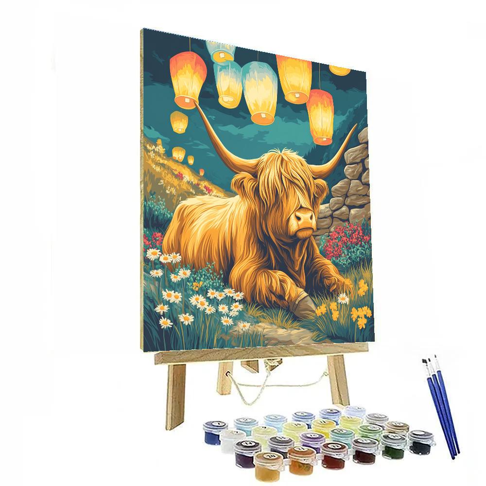 Festival Lanterns Above Highland Cow Meadow Paint by numbers art