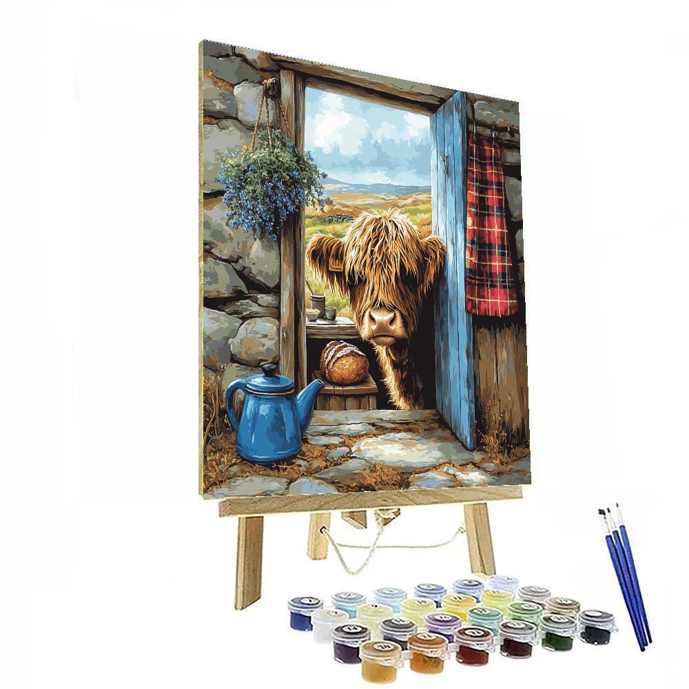Crofthouse Kitchen With Highland Cow Visitor paint by number
