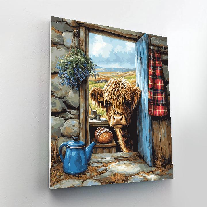 Crofthouse Kitchen With Highland Cow Visitor paint by number