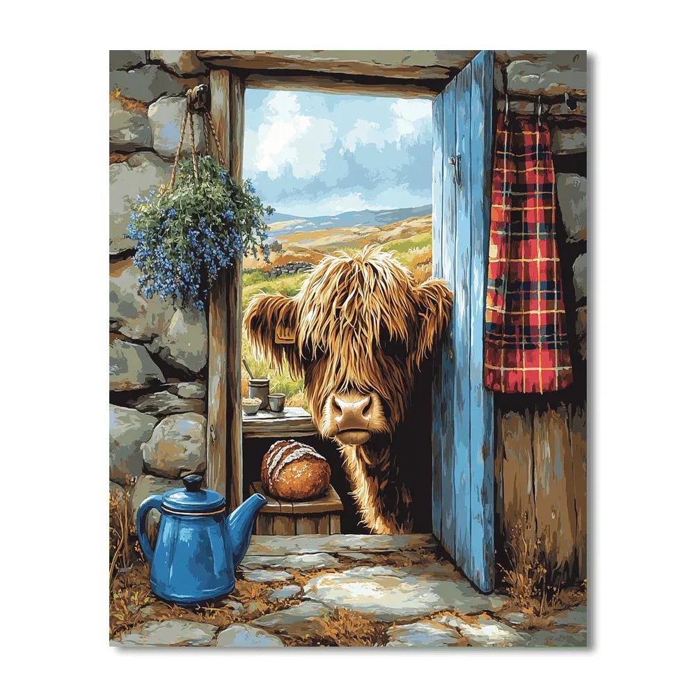 Crofthouse Kitchen With Highland Cow Visitor paint by number