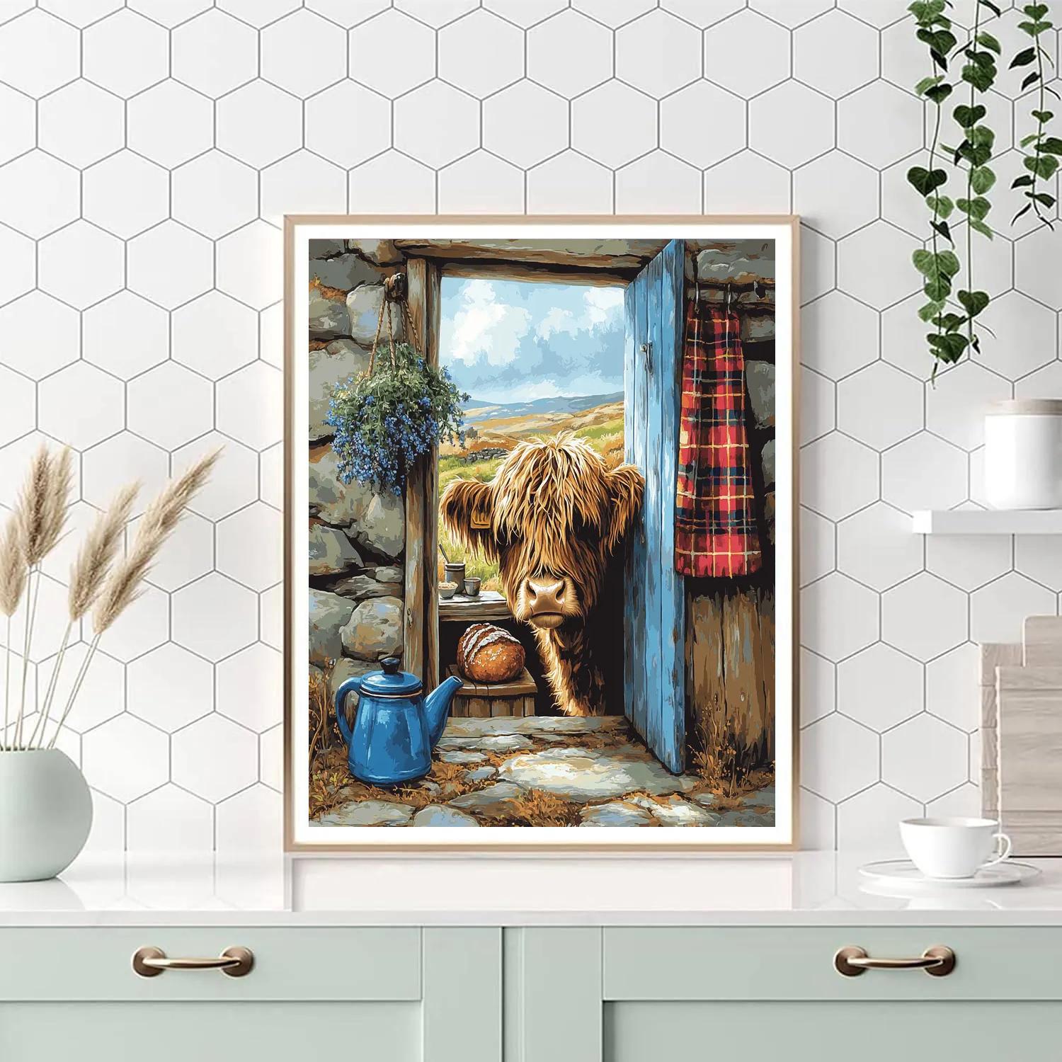 Crofthouse Kitchen With Highland Cow Visitor paint by number