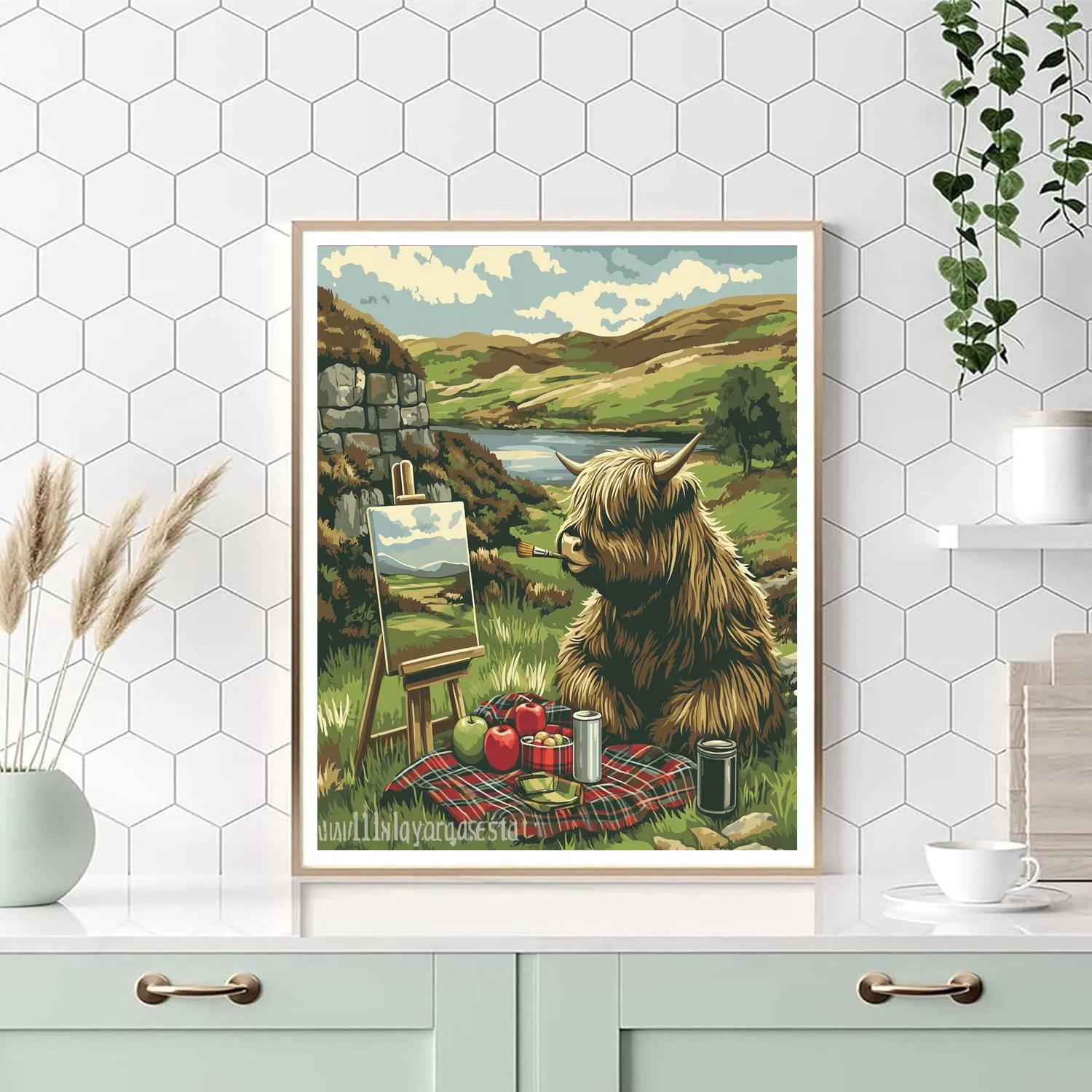 Highland Cow Picnic Blanket Painter Numbered painting kits