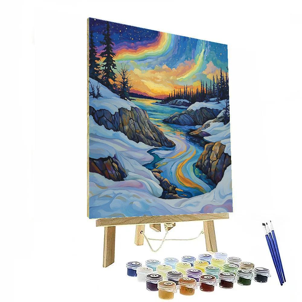 A.Y. Jackson Inspired Aurora Over Canadian Shield Thaw Number painting