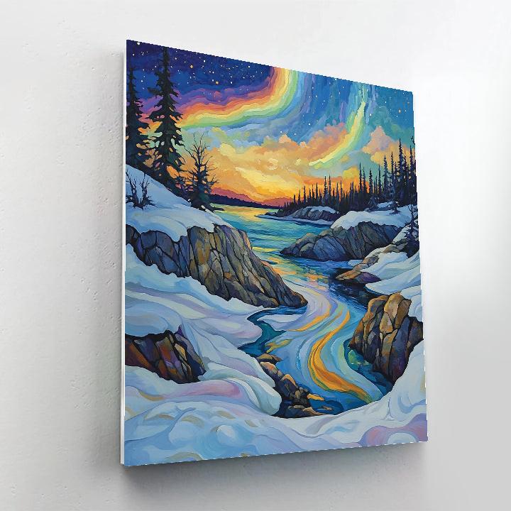 A.Y. Jackson Inspired Aurora Over Canadian Shield Thaw Number painting