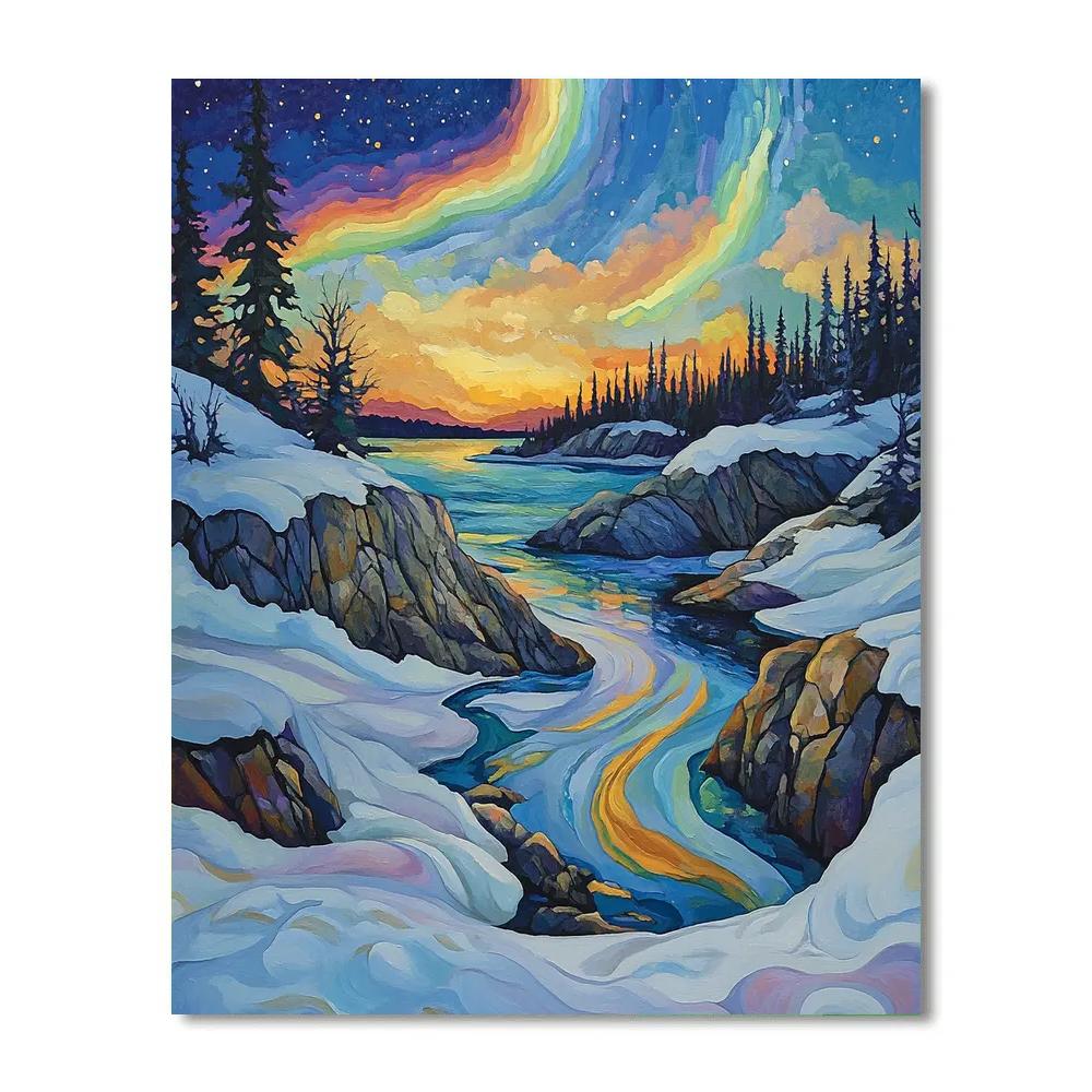 A.Y. Jackson Inspired Aurora Over Canadian Shield Thaw Number painting
