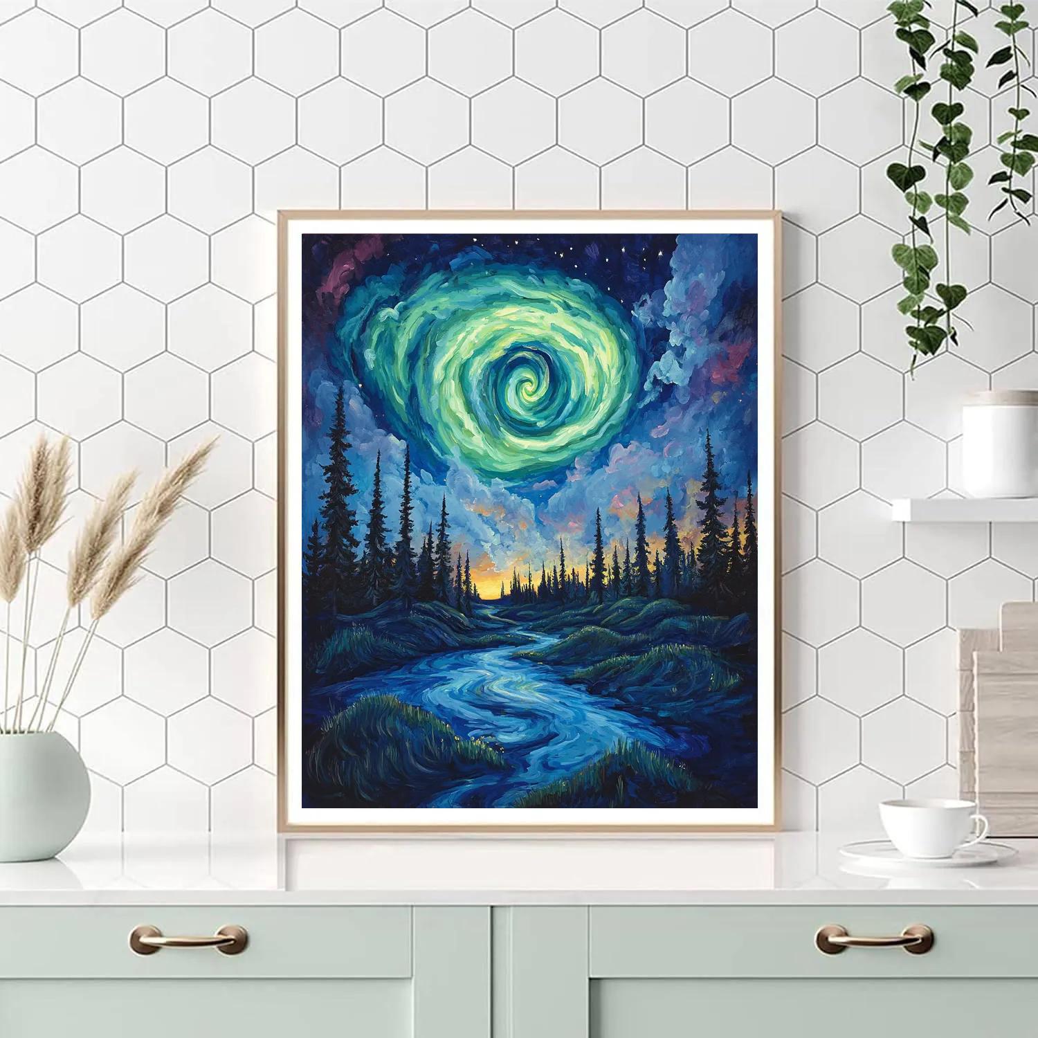 Edvard Munch Inspired Aurora Spiral Above A Silent Pine Moor Paint by numbers art