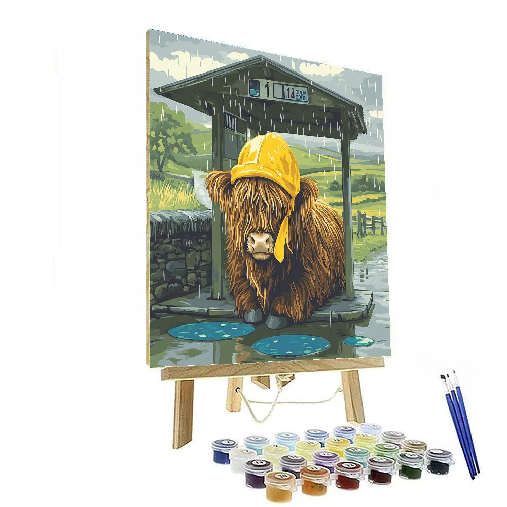 Highland Cow In Rainy Bus Stop Paint by numbers kits