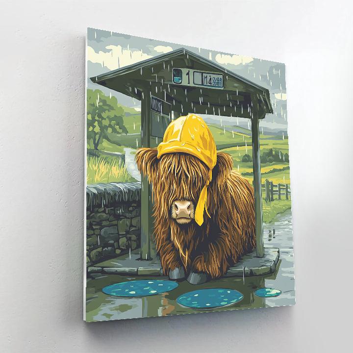 Highland Cow In Rainy Bus Stop Paint by numbers kits