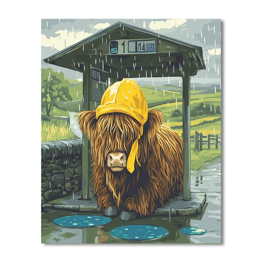 Highland Cow In Rainy Bus Stop Paint by numbers kits