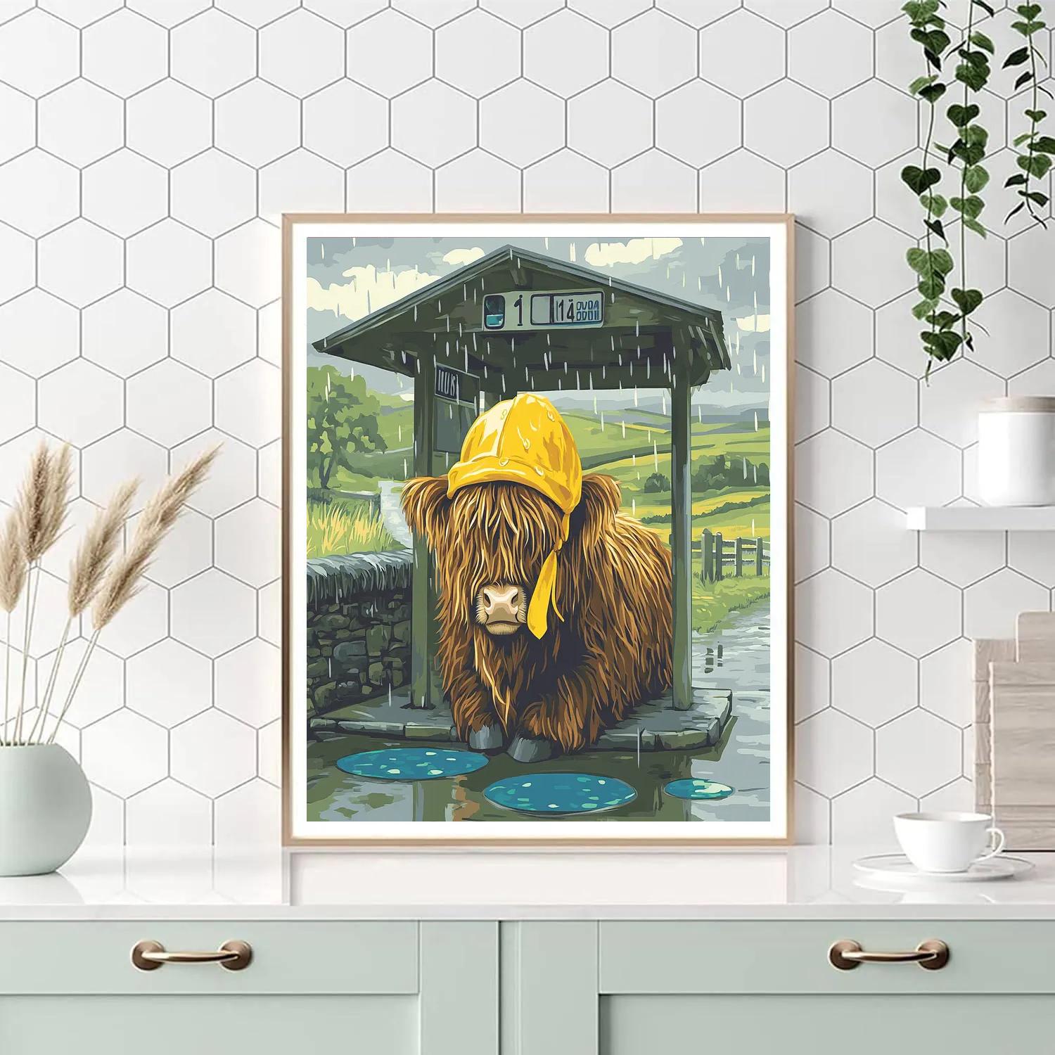 Highland Cow In Rainy Bus Stop Paint by numbers kits