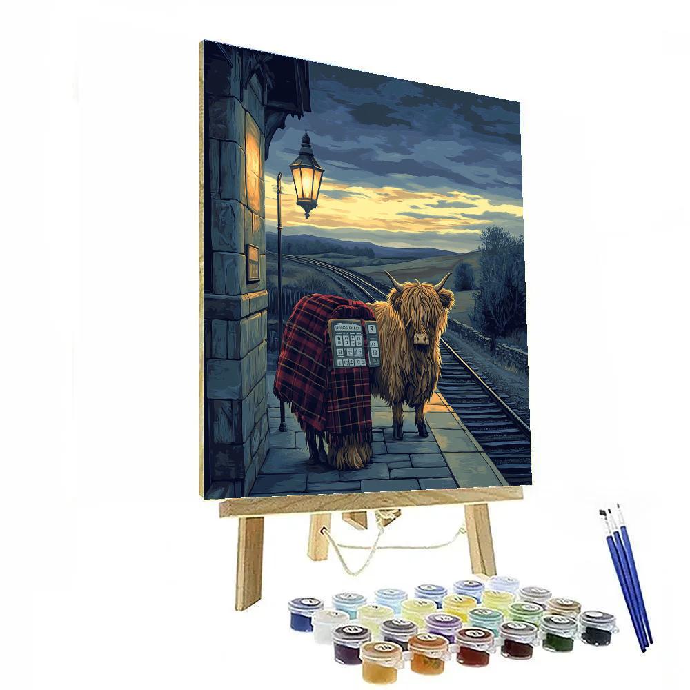 Highland Cow Evening Train Platform paint by color