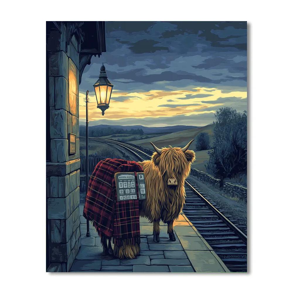 Highland Cow Evening Train Platform paint by color