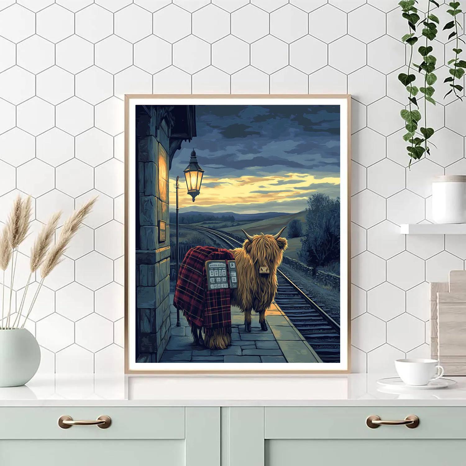 Highland Cow Evening Train Platform paint by color