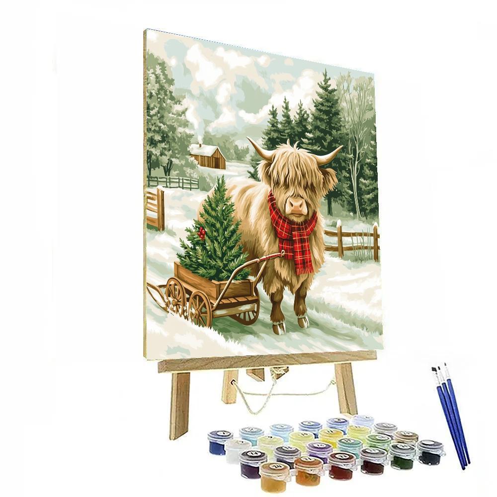 Highland Cow Christmas Tree Farm paint by numbers