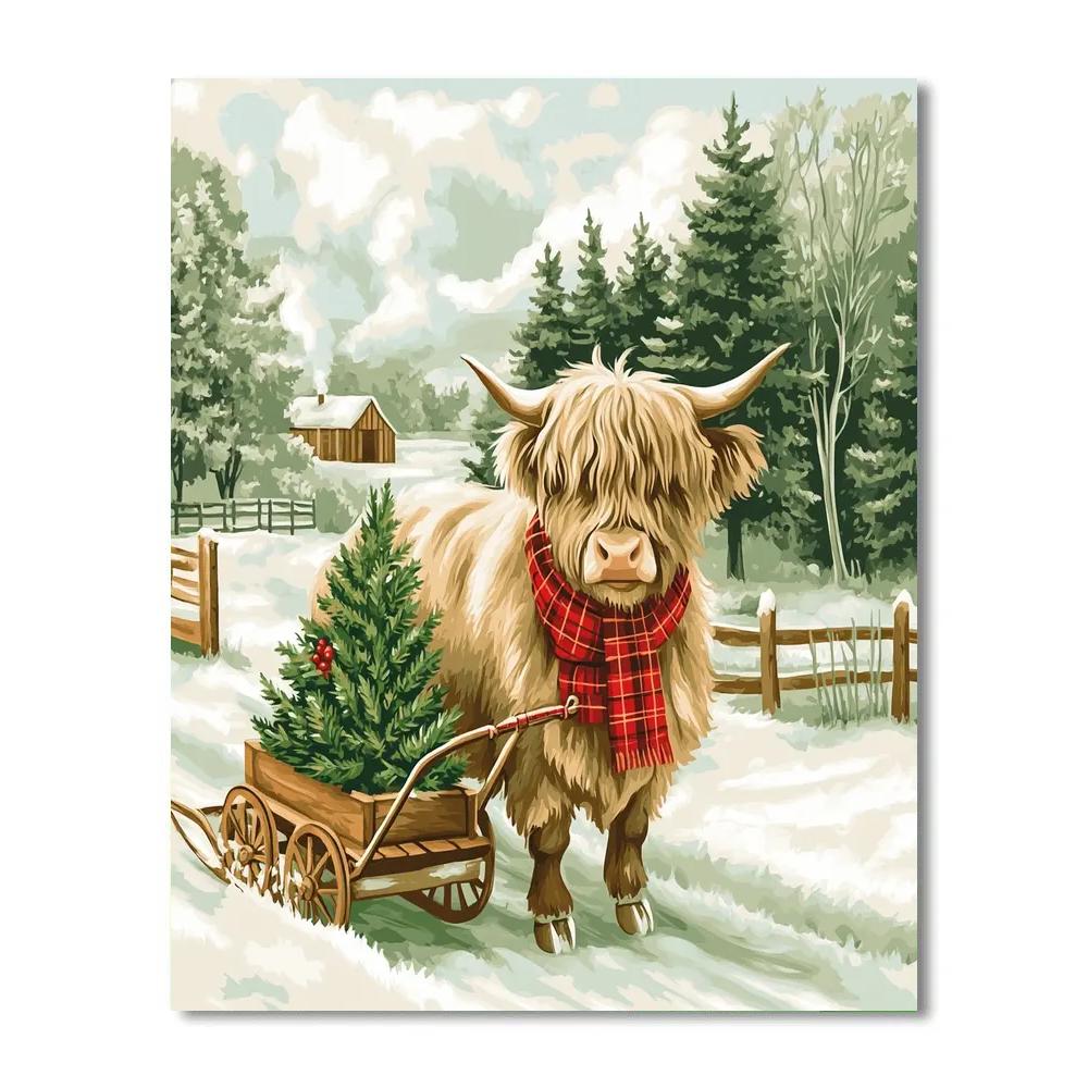 Highland Cow Christmas Tree Farm paint by numbers