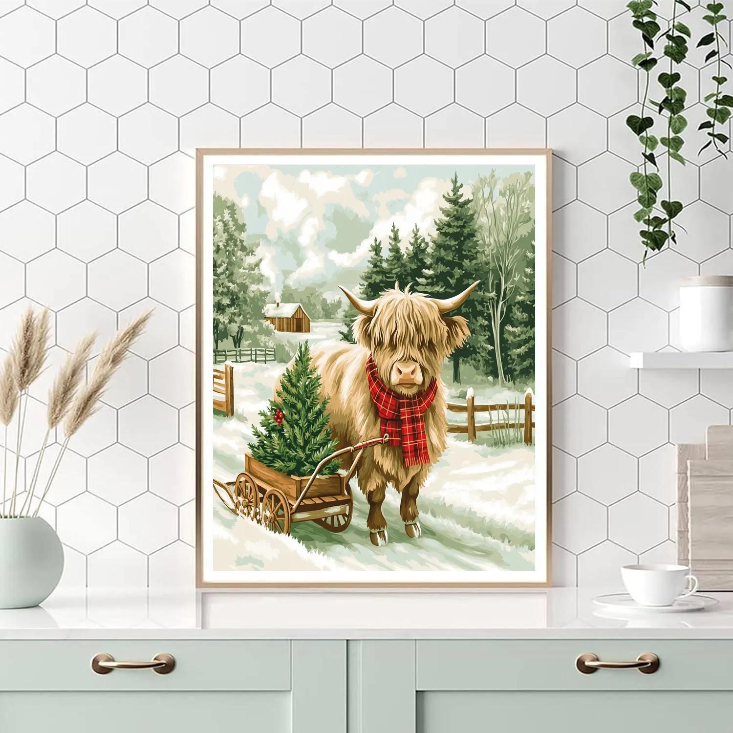 Highland Cow Christmas Tree Farm paint by numbers