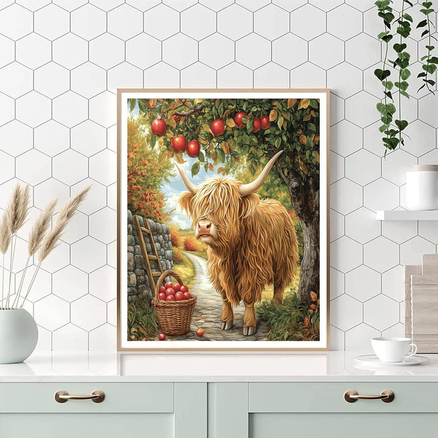 Highland Cow Orchard Apple Picker Number painting
