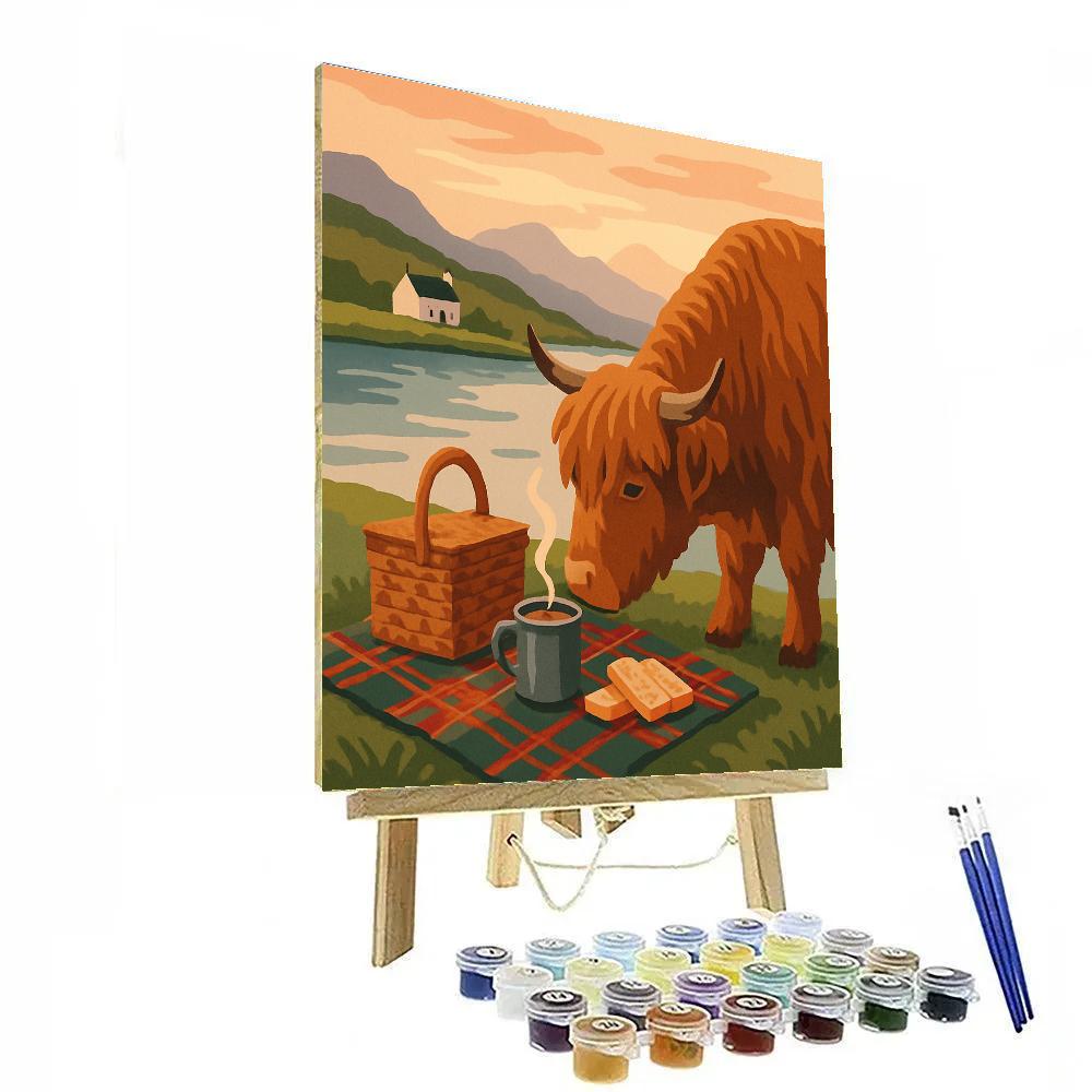 Lochside Tea In Scotland With Highland Cattle Painting by numbers kit