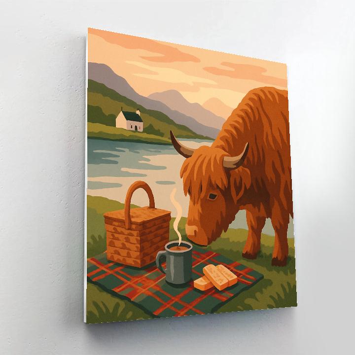 Lochside Tea In Scotland With Highland Cattle Painting by numbers kit