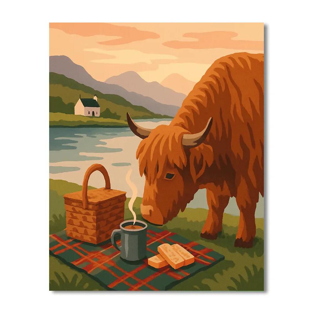 Lochside Tea In Scotland With Highland Cattle Painting by numbers kit