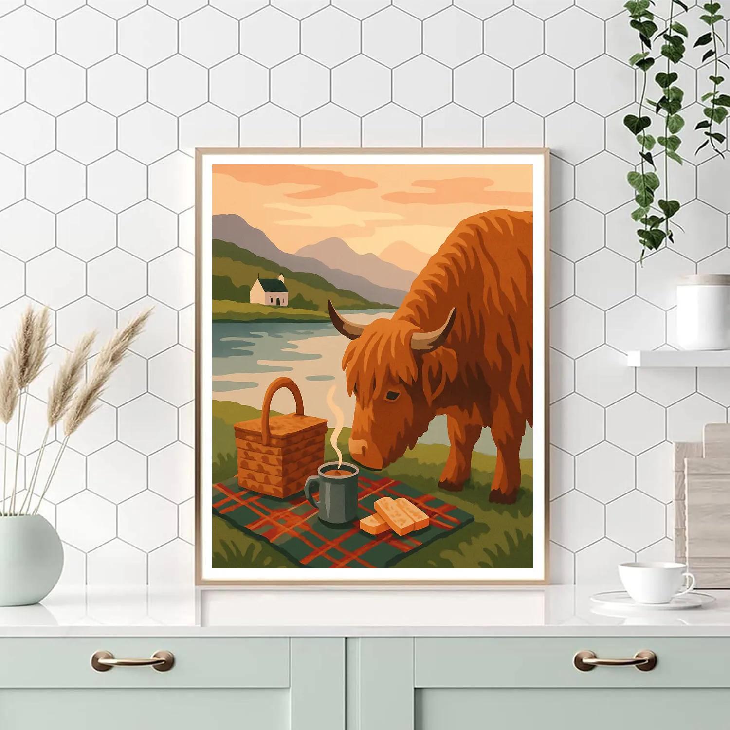 Lochside Tea In Scotland With Highland Cattle Painting by numbers kit