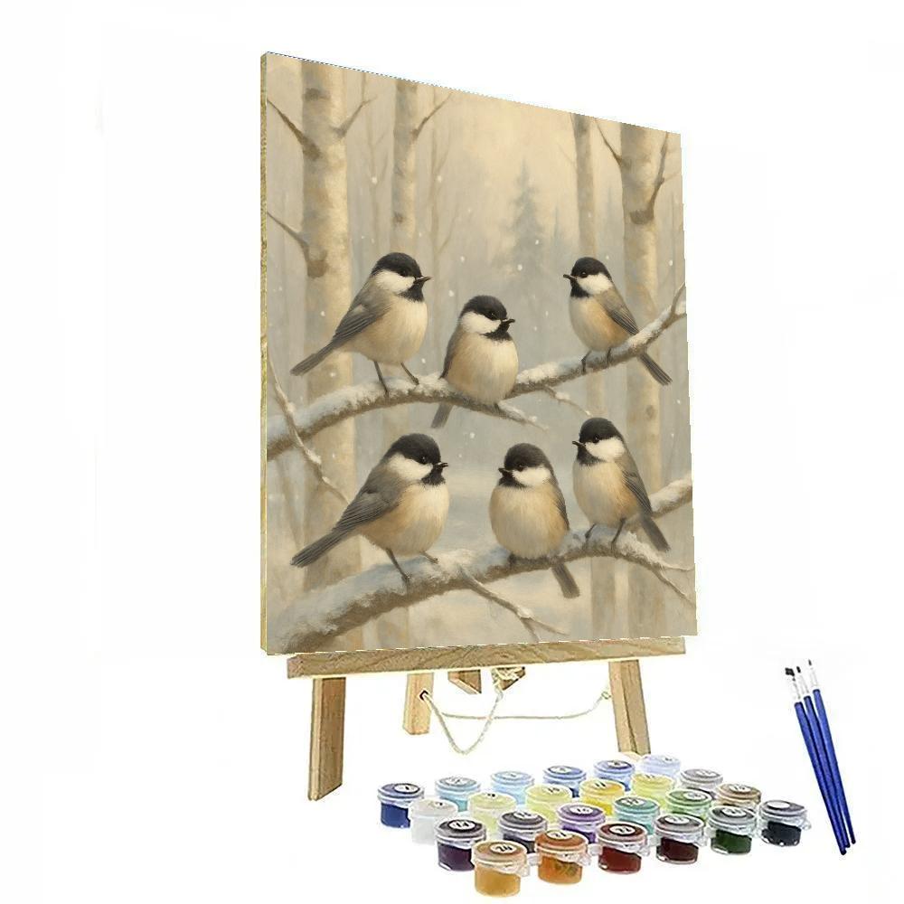 Snowy Birch Perch With A Gentle Chickadee Flock paint by numbers