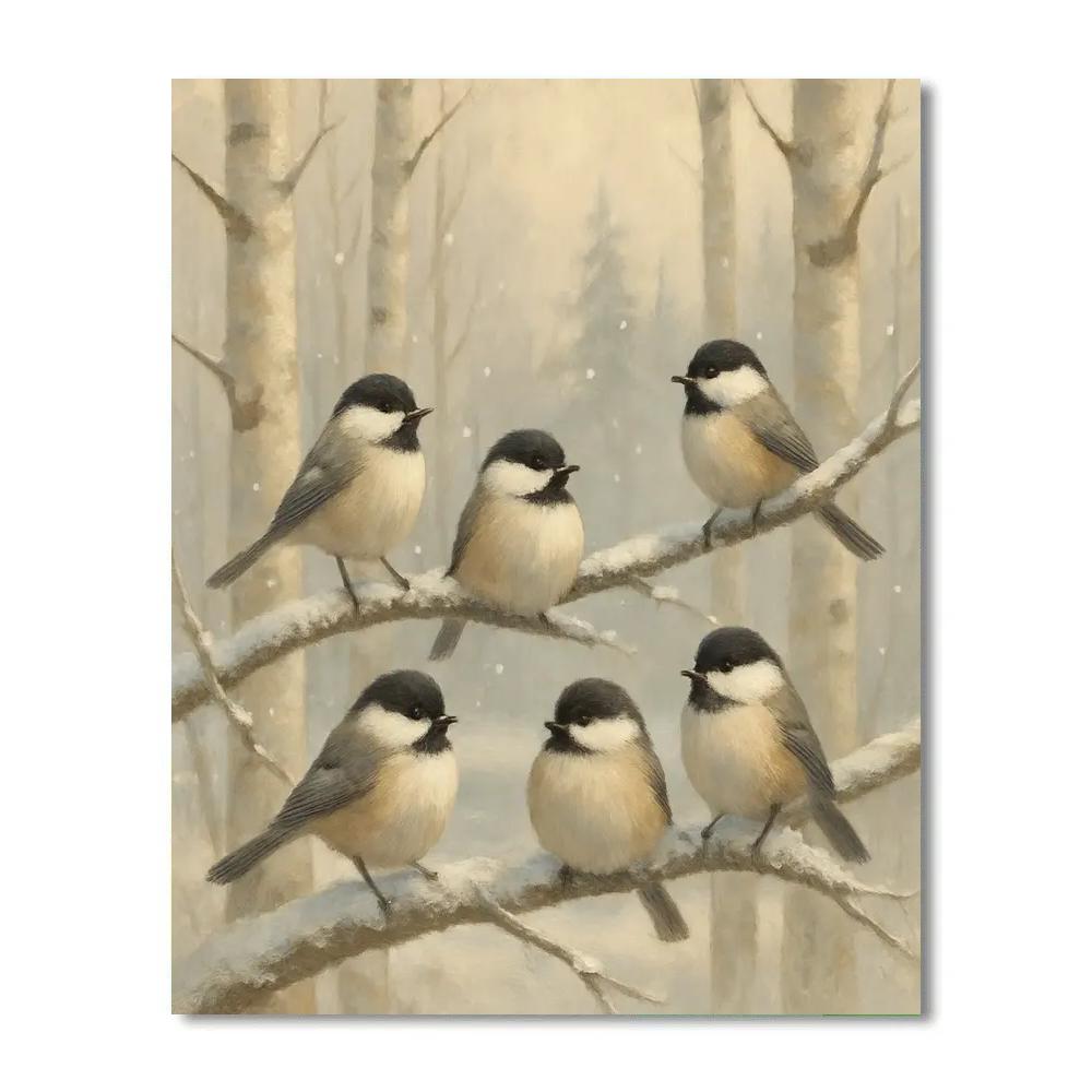 Snowy Birch Perch With A Gentle Chickadee Flock paint by numbers