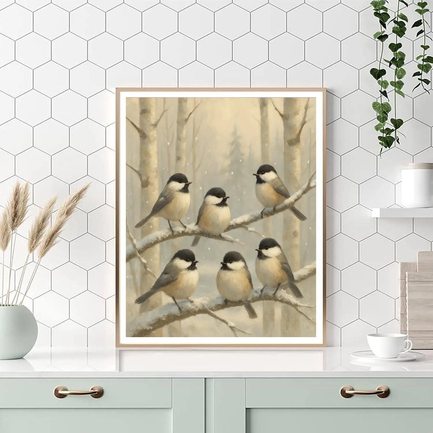 Snowy Birch Perch With A Gentle Chickadee Flock paint by numbers