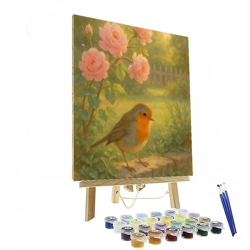 Garden Robin Among Spring Tea Roses painting number kit