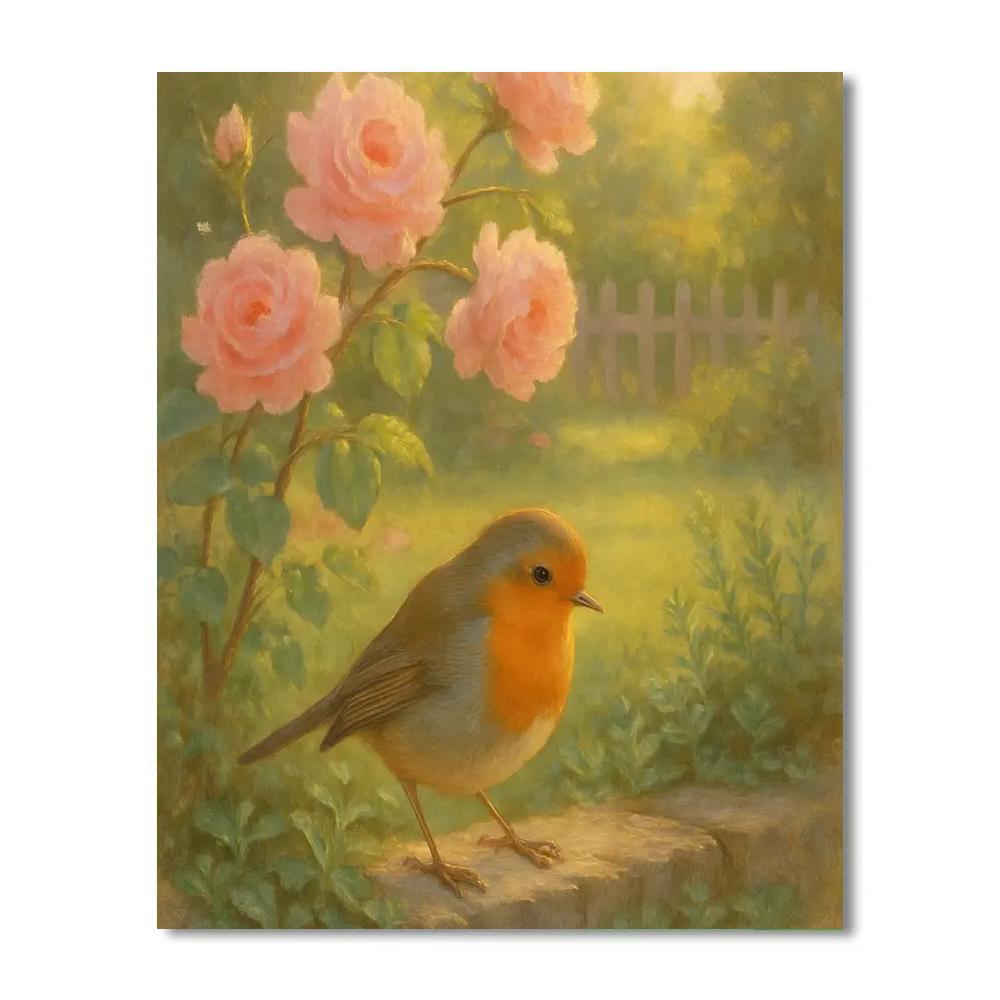 Garden Robin Among Spring Tea Roses painting number kit